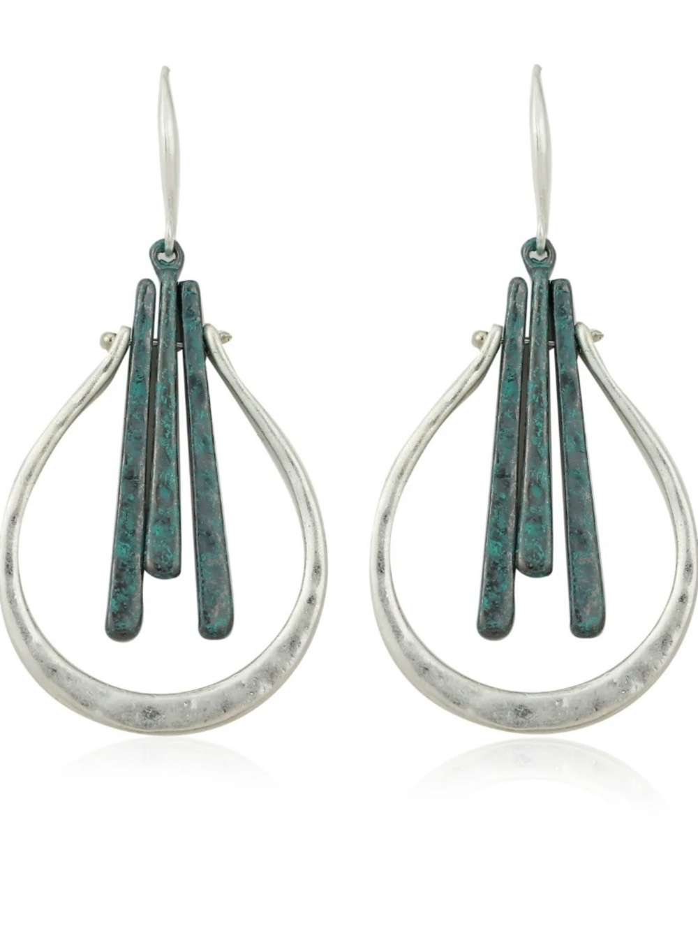 Womens Silver Teardrop Hoop Earrings with Green Bar Design